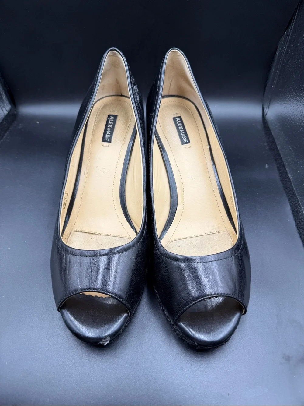 Alex Marie Women’s Black Peep-Toe Wedge Heels